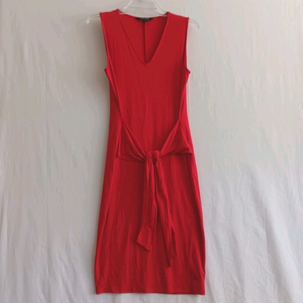 Lauren Ralph Lauren Tie Front Sleeveless Dress Red V-Neck Stretch Knit Size M